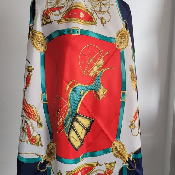 Vintage Equestrian Horse Carriage Blue Red & Gold 100% Silk Scarf - Picture 11 of 13